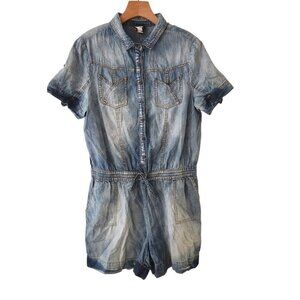 Beige By eci Denim Romper Short Sleeve Button Up One Piece Blue Washed Large